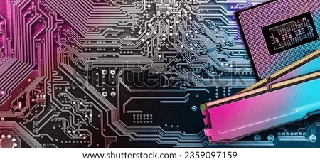 Computer memory and  processor on circuit motherboard background .  Computer components . 