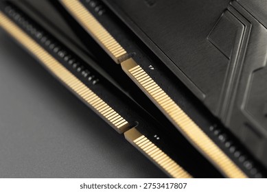 Computer memory RAM close up, macro. System, main memory, random access memory, computer detail. Computer components