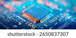 Computer Microchips and Processors on Electronic circuit board. Technology microelectronics concept background. Macro shot, shallow focus.
