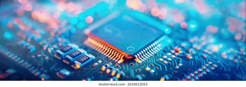 Computer Microchips and Processors on Electronic circuit board. Abstract technology microelectronics concept background. Macro shot, shallow focus.