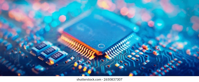 Computer Microchips and Processors on Electronic circuit board. Technology microelectronics concept background. Macro shot, shallow focus.