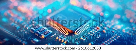 Computer Microchips and Processors on Electronic circuit board. Abstract technology microelectronics concept background. Macro shot, shallow focus.