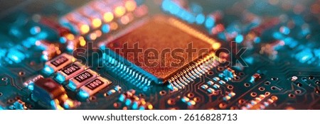 Computer Microchips and Processors on Electronic circuit board. Abstract technology microelectronics concept background. Macro shot, shallow focus.