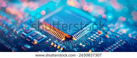 Computer Microchips and Processors on Electronic circuit board. Technology microelectronics concept background. Macro shot, shallow focus.