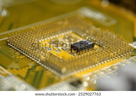Computer microcircuit with electronic components, chips, resistors, connections