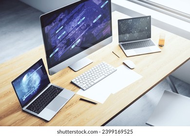Computer monitor with abstract creative programming illustration and world map, big data and blockchain concept. 3D Rendering