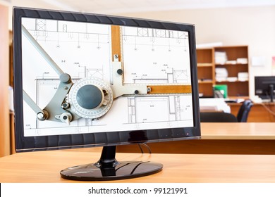 Computer monitor with blueprints and drawing board picture in screen on desktop