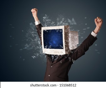 Computer Monitor Screen Exploding On A Young Persons Head Concept