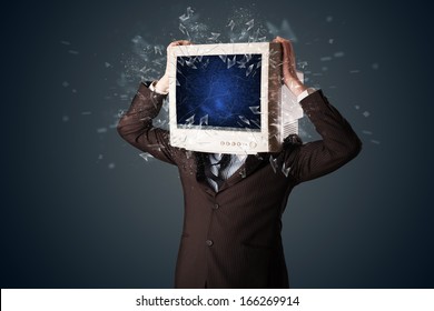 Computer Monitor Screen Exploding On A Young Persons Head Concept