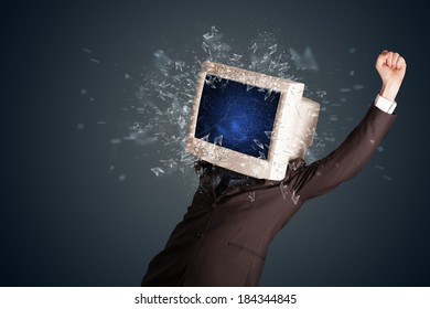 Computer monitor screen exploding on a young persons head concept