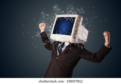 Computer Monitor Screen Exploding On A Young Persons Head Concept