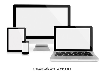 Computer Monitor,laptop, Tablet And Phone, Frontal View, Isolated On White