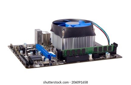 Computer Motherboard Isolated On White Background With CPU Cooler