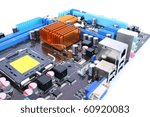 Computer motherboard with many electronic components.