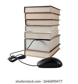 computer mouse connect to stack books.Data concept.