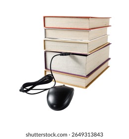 computer mouse connect to stack books.Data concept.