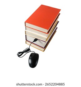 computer mouse connect to stack books.Data concept.