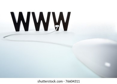 Computer mouse connected to WWW letters symbolizing browsing or surfing the internet, isolated on blank background.