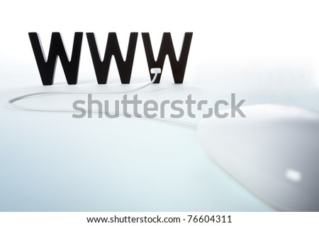 Computer mouse connected to WWW letters symbolizing browsing or surfing the internet, isolated on blank background.
