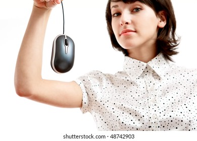 Computer Mouse Hunted By Young Woman - Sharpness On The Mouse