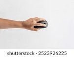 Computer mouse wireless and hand on white background.