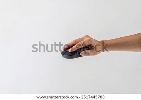 Computer mouse wireless and hand on white background.