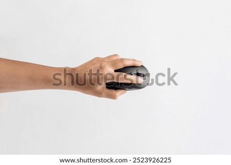 Computer mouse wireless and hand on white background.