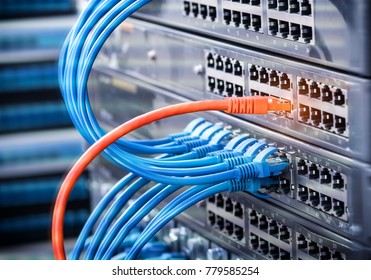 Computer Network Cables Connected To Internet Switch.