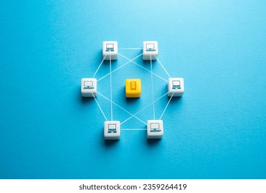 Computer network and data server. P2P communication. Distributed computing tasks across a network of nodes. Decentralizing connectivity, optimizing resource usage, enhancing data availability