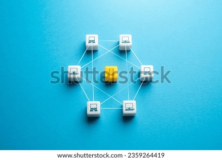 Computer network and data server. P2P communication. Distributed computing tasks across a network of nodes. Decentralizing connectivity, optimizing resource usage, enhancing data availability