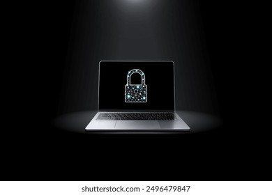 Computer network security technology concept , Grey laptop with important security key icons on the screen in a darkness background with lights shining down from above.