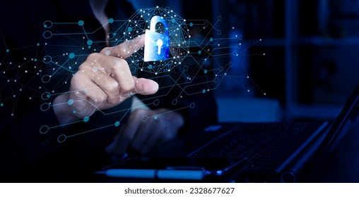 computer networking and cybersecurity protection data with lock and blue space background, Security network protection data concept