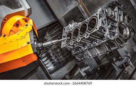 A computer numerical control (CNC) milling machine is at work, precisely machining a metal engine block.