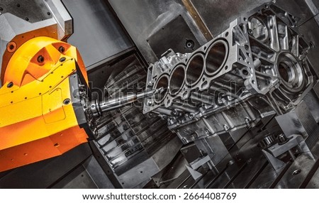 A computer numerical control (CNC) milling machine is at work, precisely machining a metal engine block.
