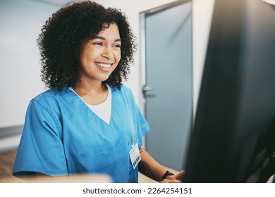 Computer, nurse and black woman typing research for healthcare reports or telehealth. Medical, health and happy female physician or doctor with desktop for writing or online consultation in hospital - Powered by Shutterstock