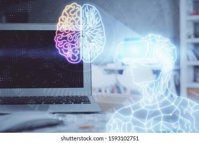 Computer on desktop with AR theme icon. Multi exposure. Concept of augmented reality.