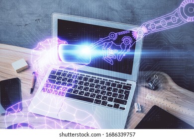 Computer on desktop with AR theme icon. Multi exposure. Concept of augmented reality.