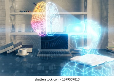 Computer on desktop with AR theme icon. Multi exposure. Concept of augmented reality.