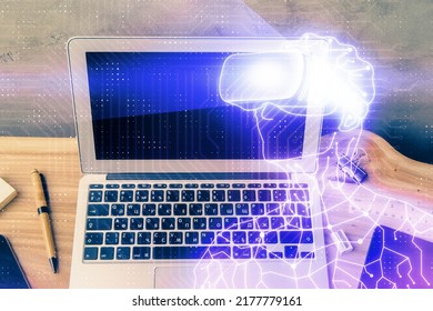 Computer on desktop with AR theme icon. Multi exposure. Concept of augmented reality.
