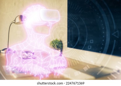 Computer on desktop with AR theme icon. Multi exposure. Concept of augmented reality.