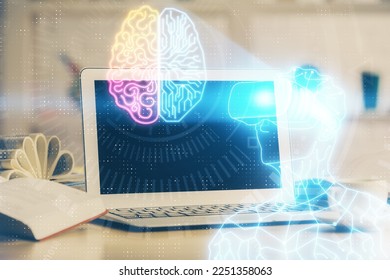 Computer on desktop with AR theme icon. Multi exposure. Concept of augmented reality. - Powered by Shutterstock - Get 15% off with code: PIKWIZARD15