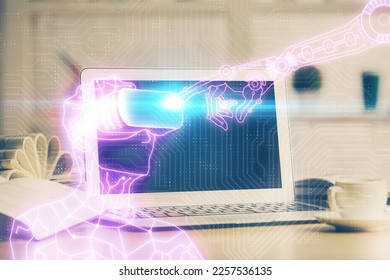 Computer on desktop with AR theme icon. Multi exposure. Concept of augmented reality.