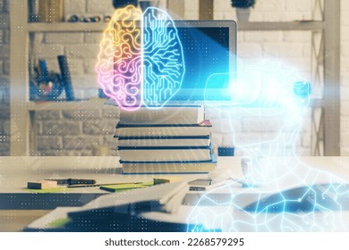 Computer on desktop with AR theme icon. Multi exposure. Concept of augmented reality.