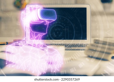 Computer on desktop with AR theme icon. Multi exposure. Concept of augmented reality.