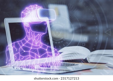 Computer on desktop with AR theme icon. Multi exposure. Concept of augmented reality.