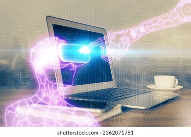 Computer on desktop with AR theme icon. Multi exposure. Concept of augmented reality.