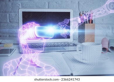 Computer on desktop with AR theme icon. Multi exposure. Concept of augmented reality. - Powered by Shutterstock - Get 15% off with code: PIKWIZARD15