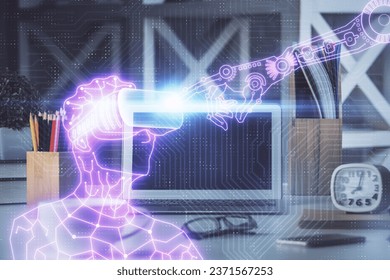 Computer on desktop with AR theme icon. Multi exposure. Concept of augmented reality. - Powered by Shutterstock - Get 15% off with code: PIKWIZARD15