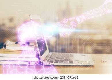 Computer on desktop with AR theme icon. Multi exposure. Concept of augmented reality.