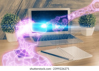 Computer on desktop with AR theme icon. Multi exposure. Concept of augmented reality.